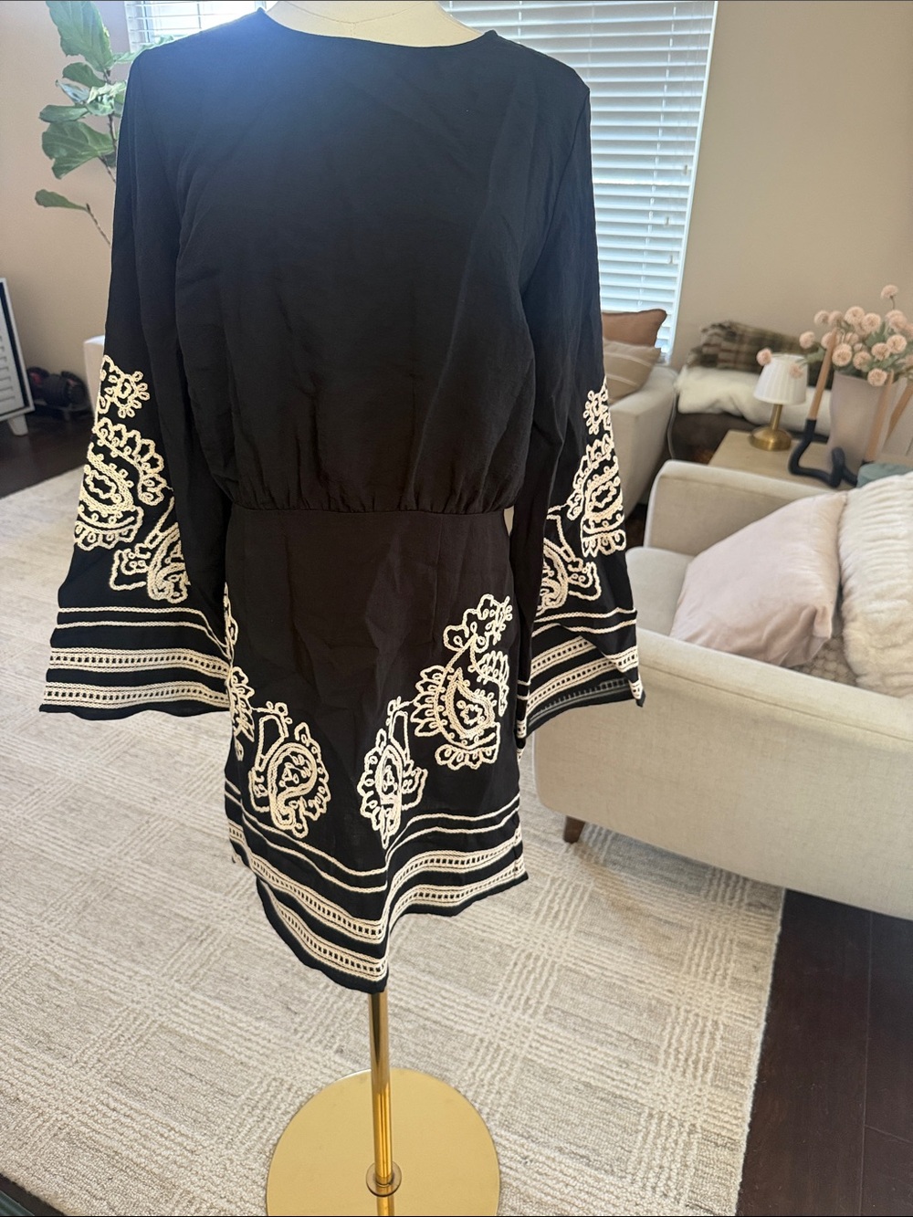 H&M Black Dress with White Embroidered Trim